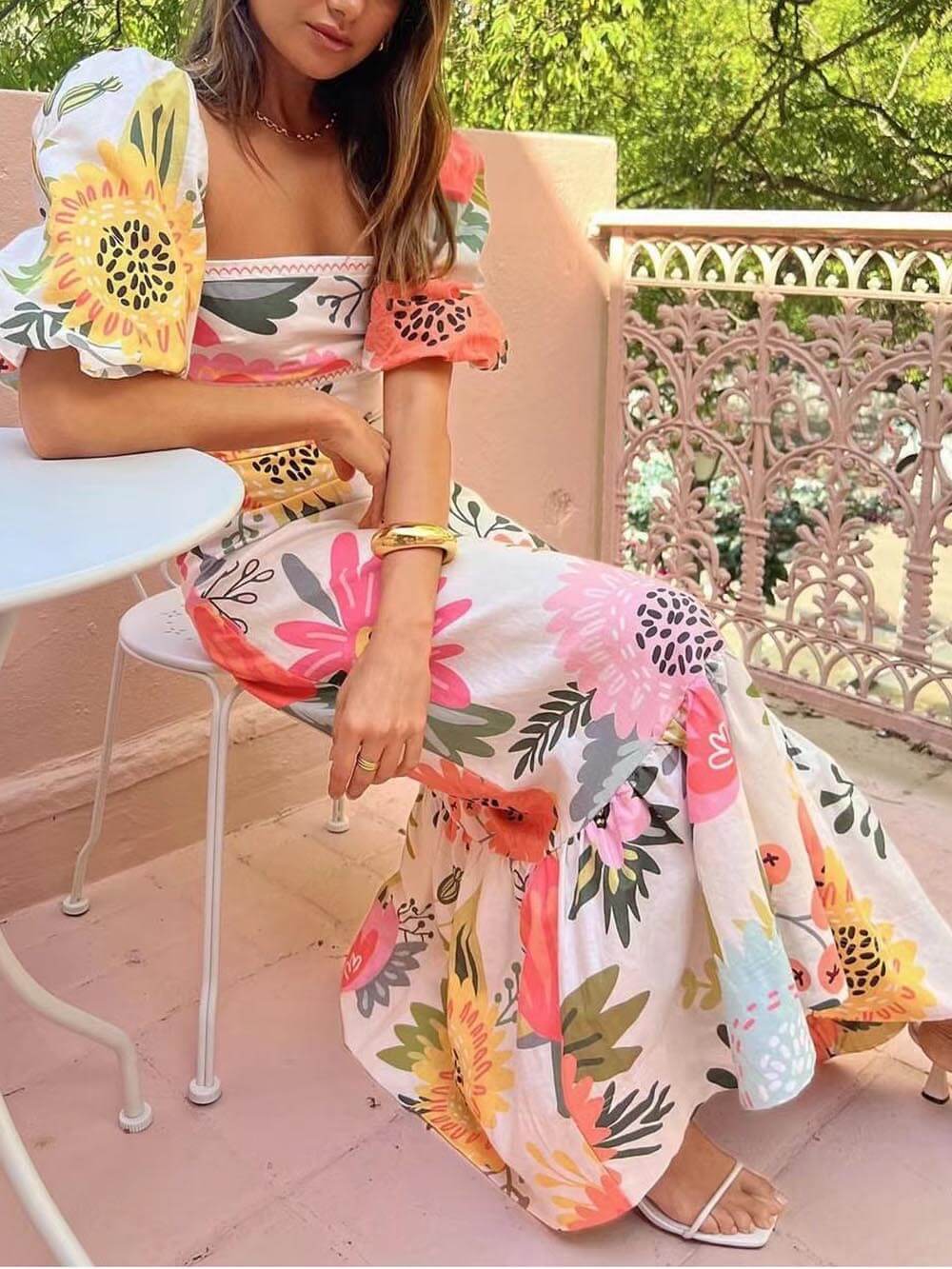 Floral Print Square Neck Bubble Sleeve Maxi Dress-CALLISTARI