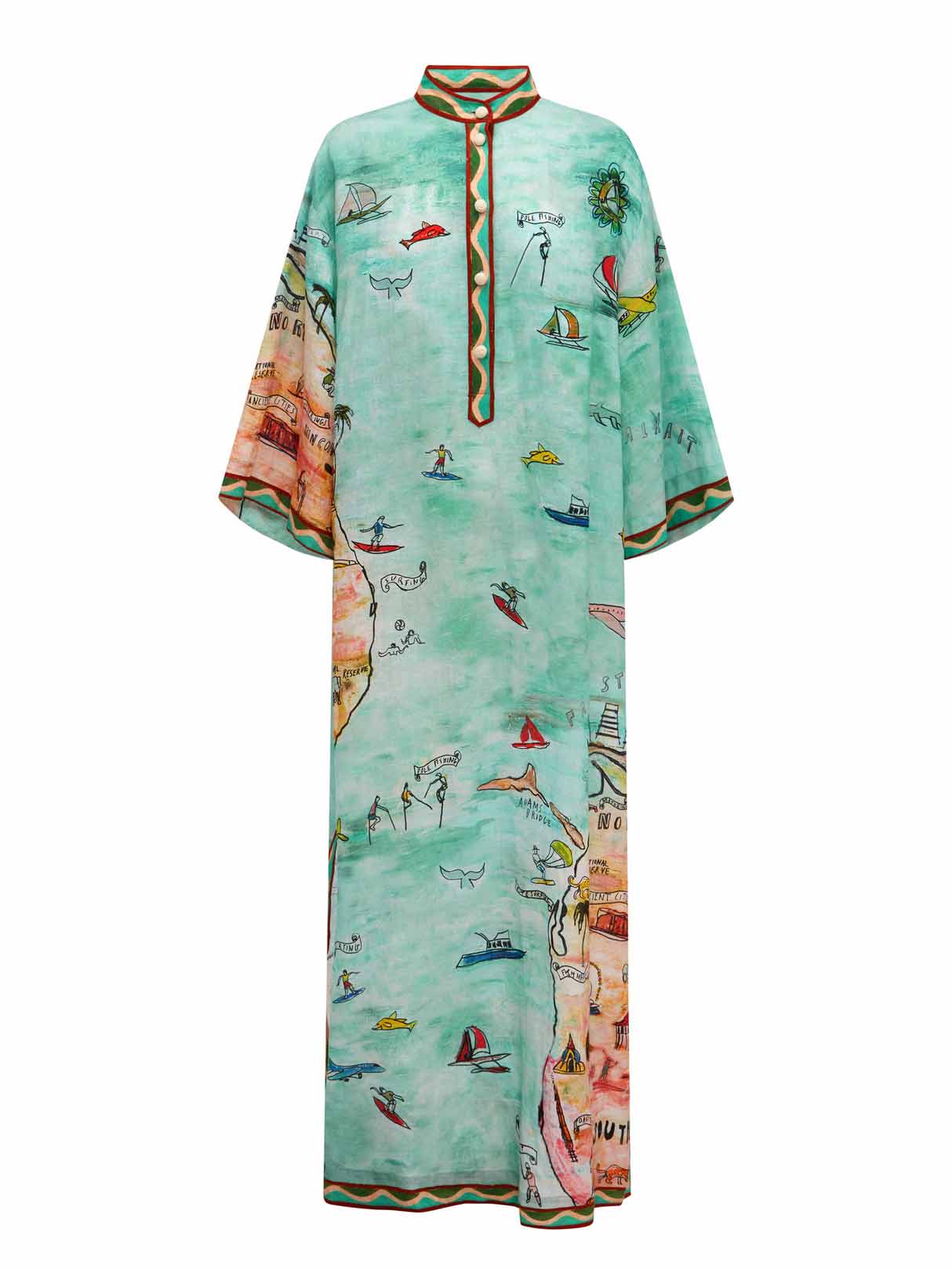 Modern Satin Art Island Print Slit Maxi Dress-CALLISTARI