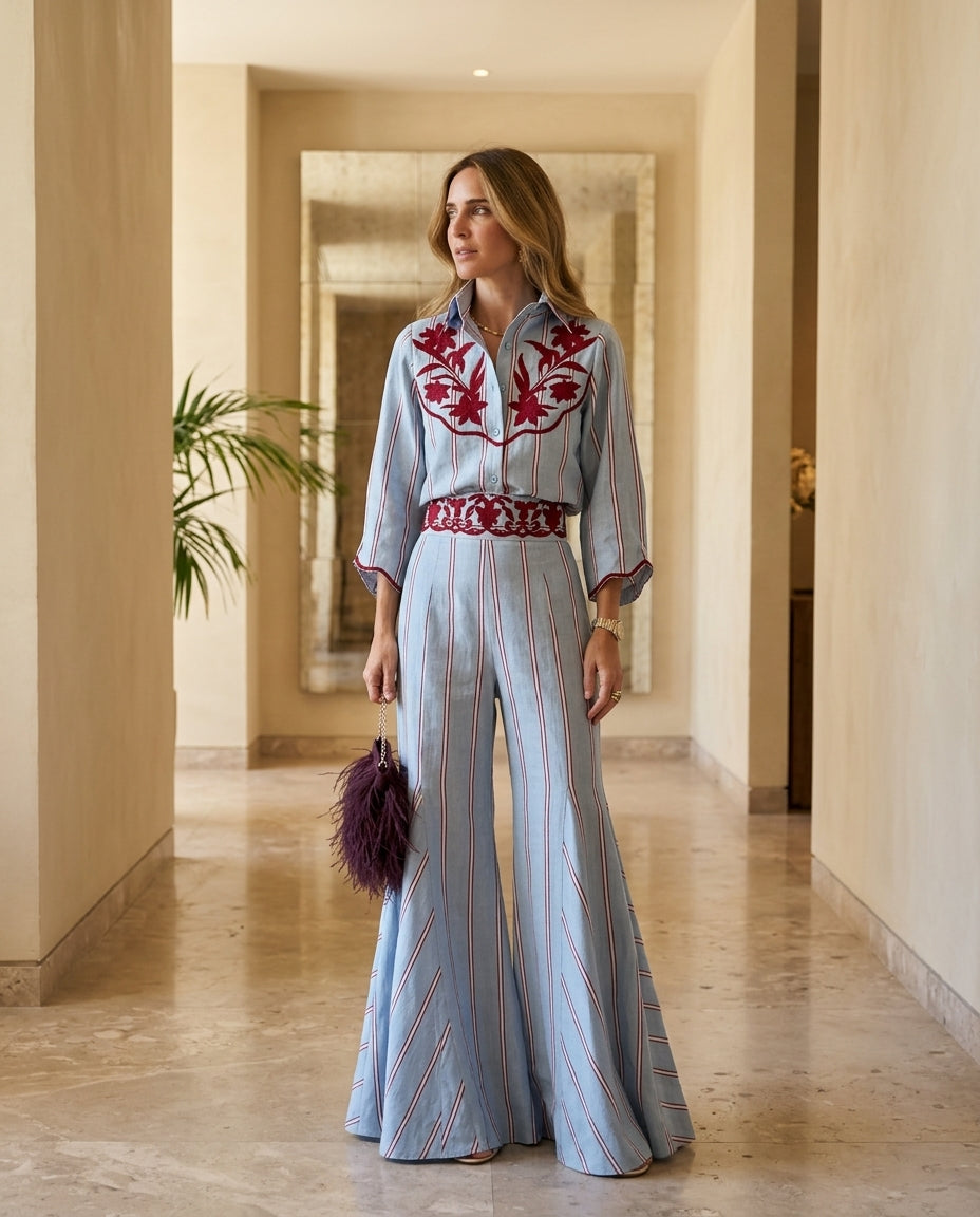 Light Blue Reverie Resort Embroidered Pant Set Light Blue Pant Set with Wide-Leg silhouette and Linen Blend texture, editorial ecommerce scene for Resort Wear, Evening in Amalfi, Euro Chic Premium by Mesadic