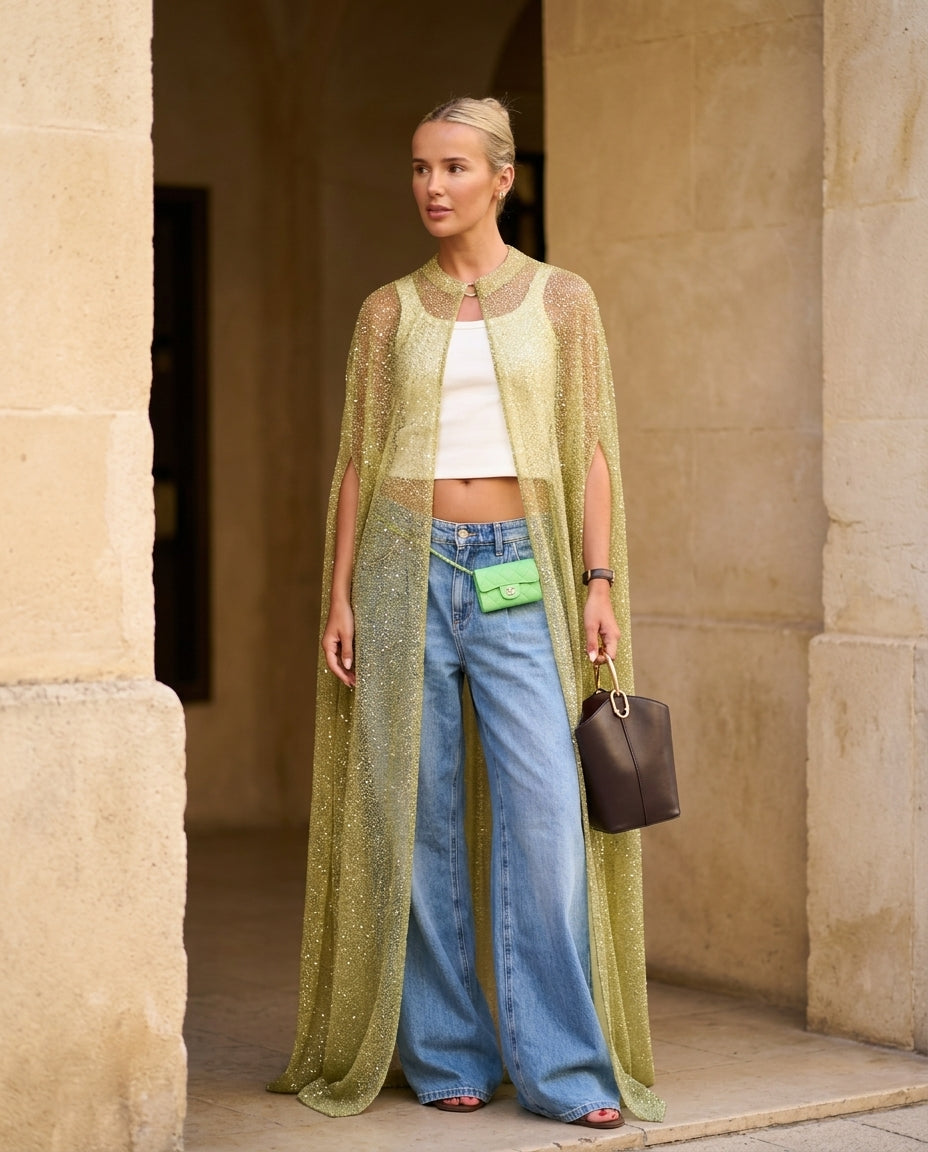 Light Green Poise Summer Sheer Jacket Light Green Jacket with Relaxed Fit silhouette and Textured texture, editorial ecommerce scene for Office Edit, Sunset in Malibu, US Coastal Glam by Mesadic