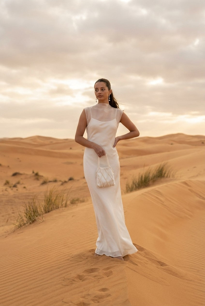 Sheer Organza Overlay Satin Maxi Dress
