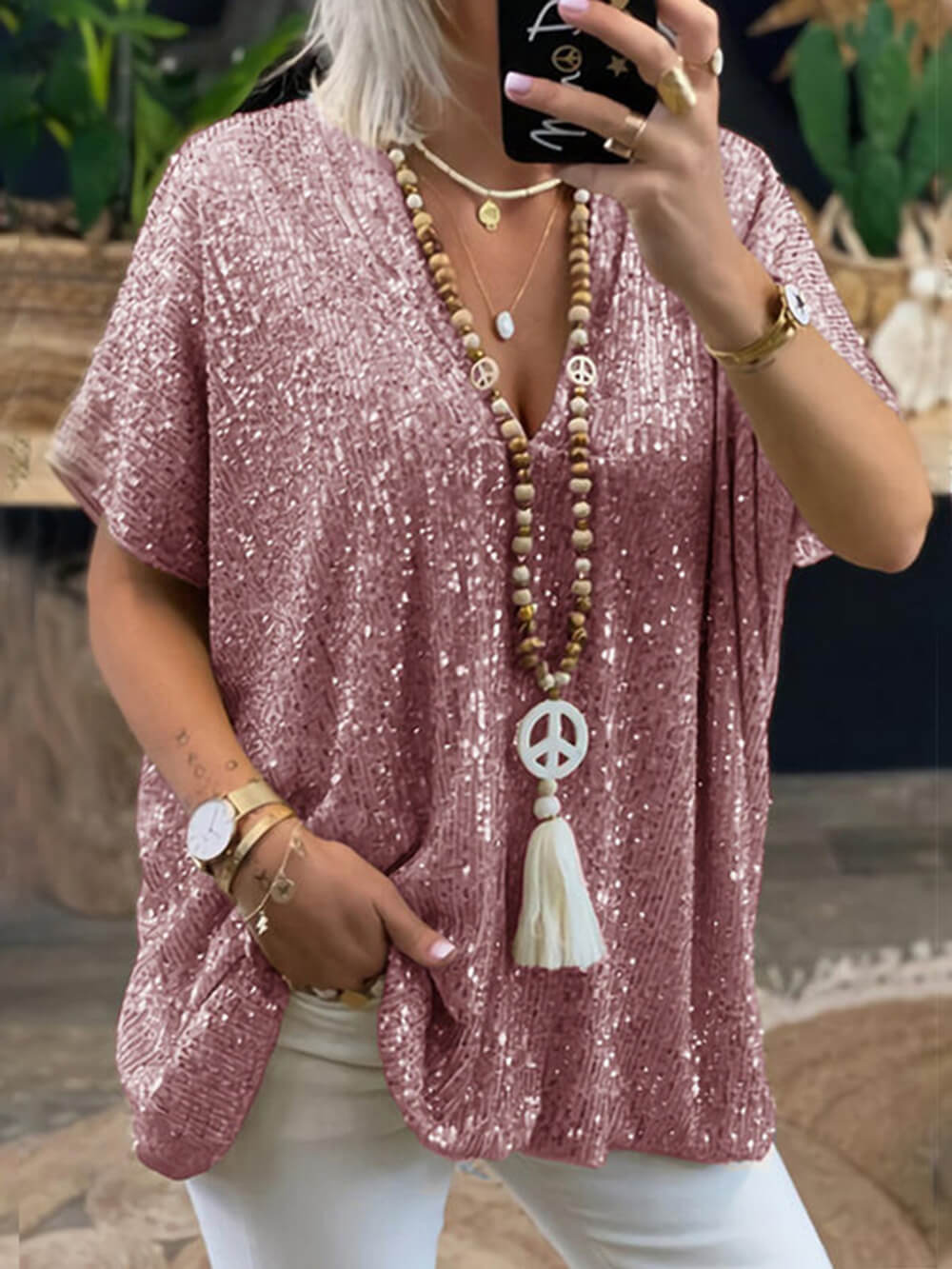 Bohemian Casual Loose Pullover Short Sleeve Sequin V-Neck Top-CALLISTARI
