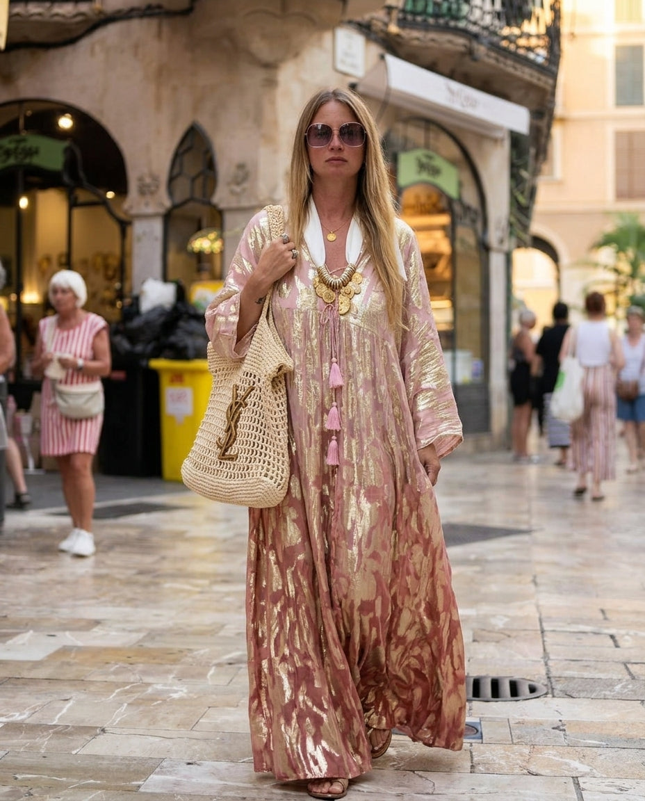 Pink Bloom Resort Printed Maxi Dress Pink Maxi Dress with Relaxed Fit silhouette and Textured texture, fabric and construction detail for Resort Wear, a London dinner reservation, Euro Chic Premium by Mesadic