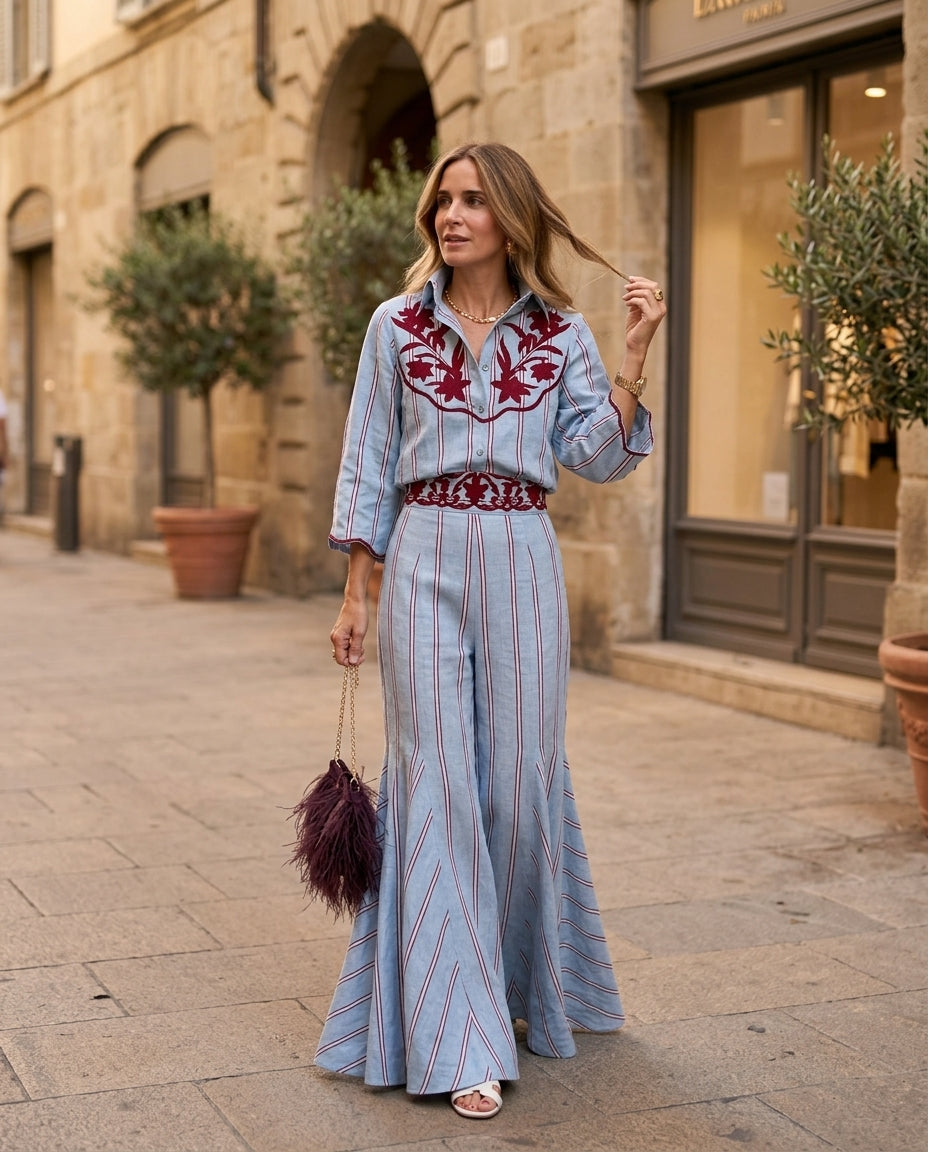 Light Blue Reverie Resort Embroidered Pant Set Light Blue Pant Set with Wide-Leg silhouette and Linen Blend texture, fabric and construction detail for Resort Wear, Evening in Amalfi, Euro Chic Premium by Mesadic