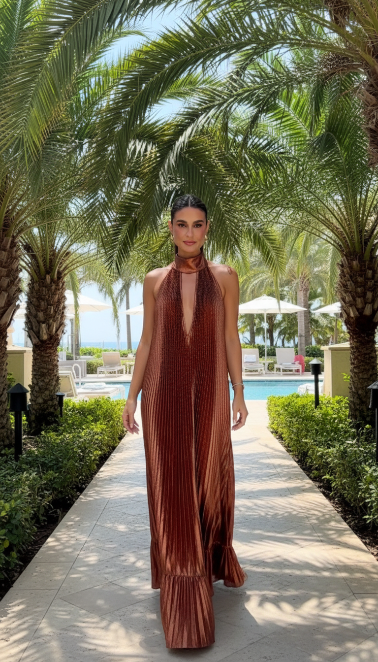 Copper Halter Pleated Satin Maxi Dress product image 7