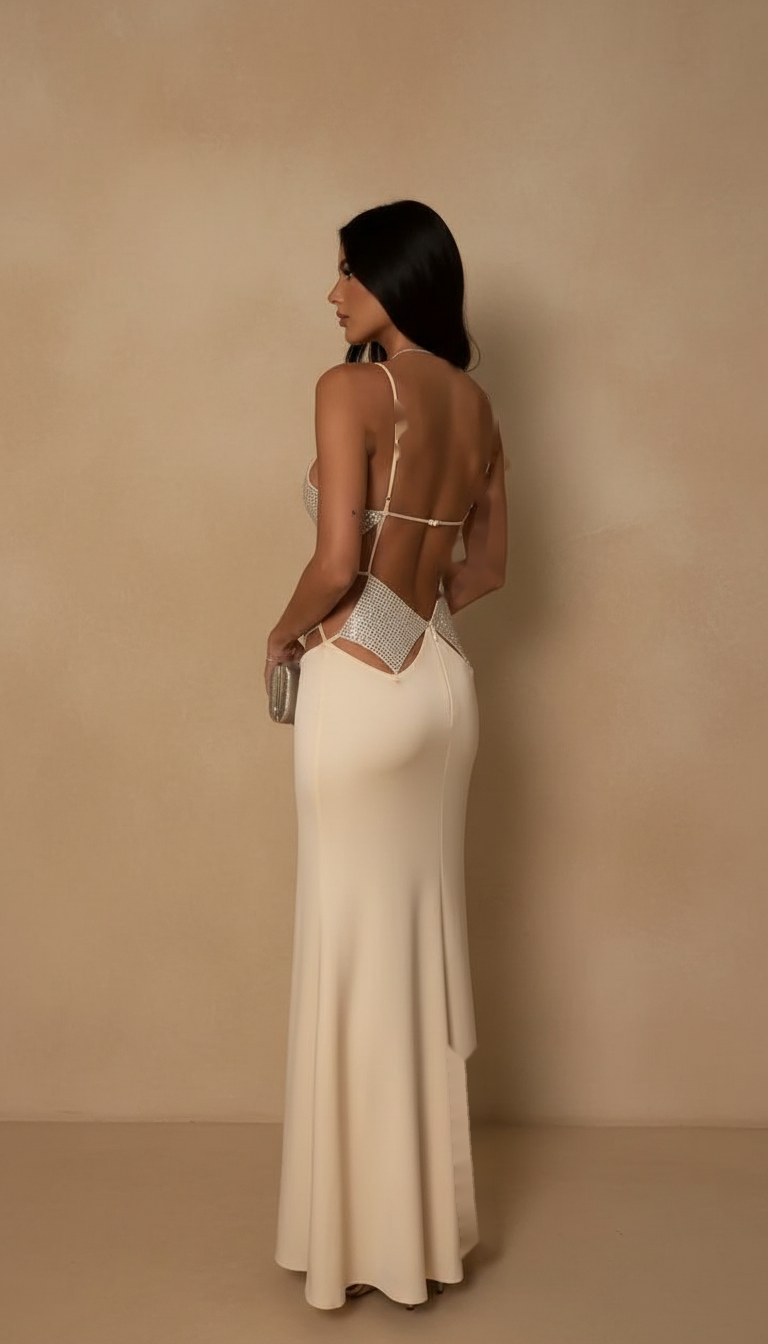 Beige V-Neck Satin Cut-Out Design Maxi Dress product image 7