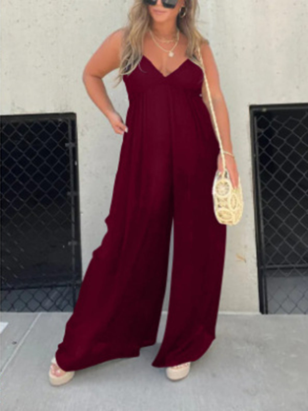 V-Neck Effortless Wide Leg Jumpsuit-CALLISTARI