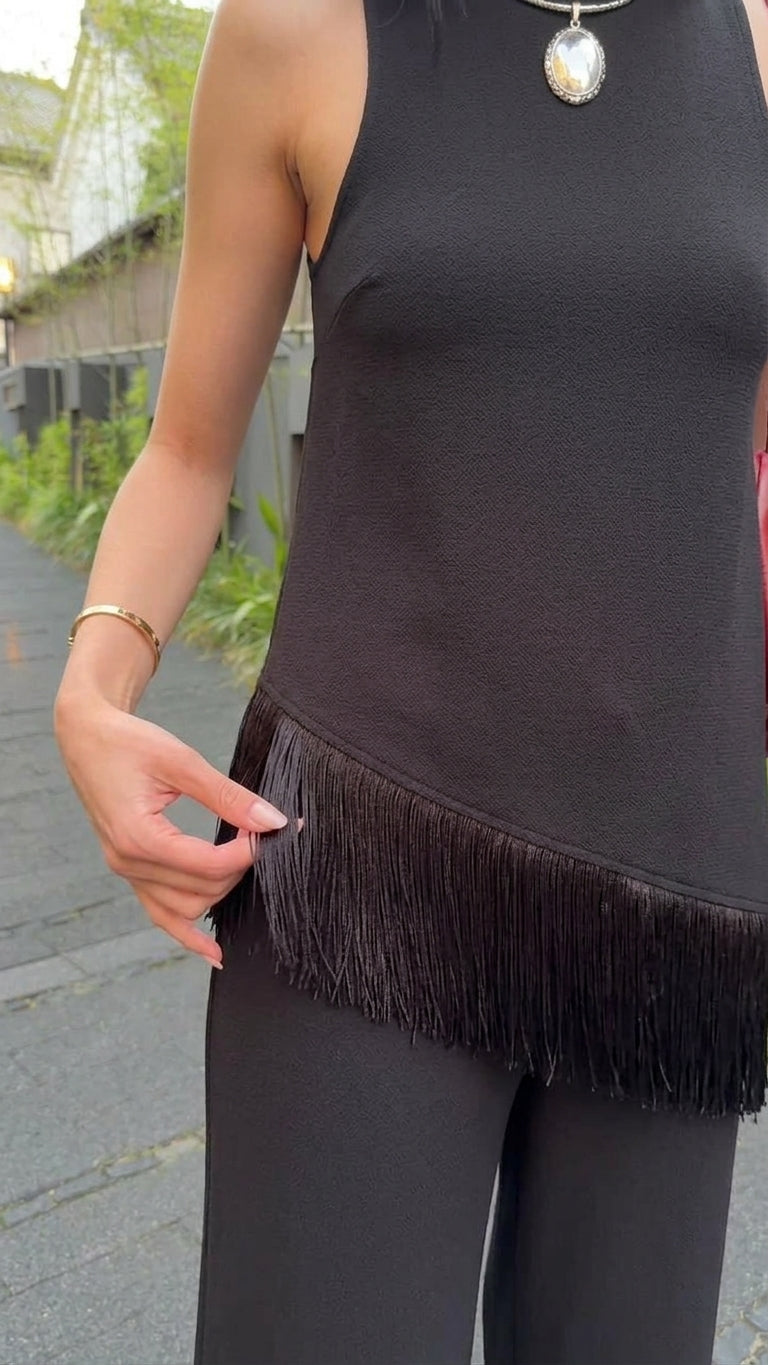 Black Grace Resort Fringe Pant Set Black Pant Set with Asymmetric silhouette and Ribbed Knit texture, additional styling view for Resort Wear, Brunch in SoHo, US Coastal Glam by rumoved