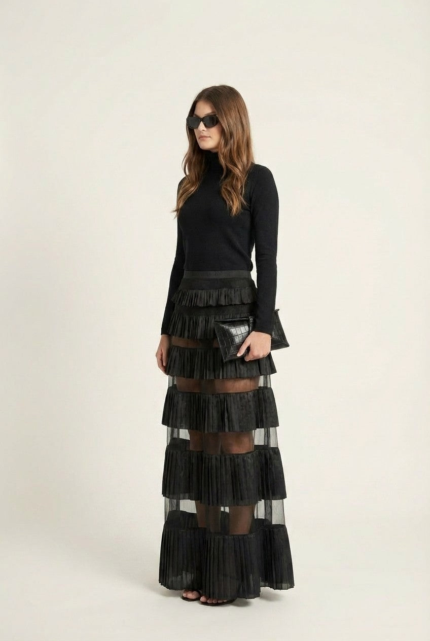 Pleated Sheer Mesh Maxi Skirt 