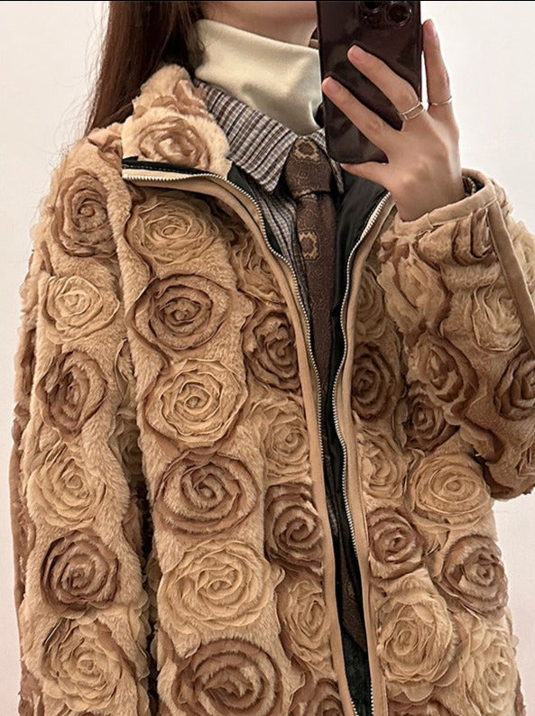 Spring Flower designer original national style rose lamb velvet jacket for women-Mesadic