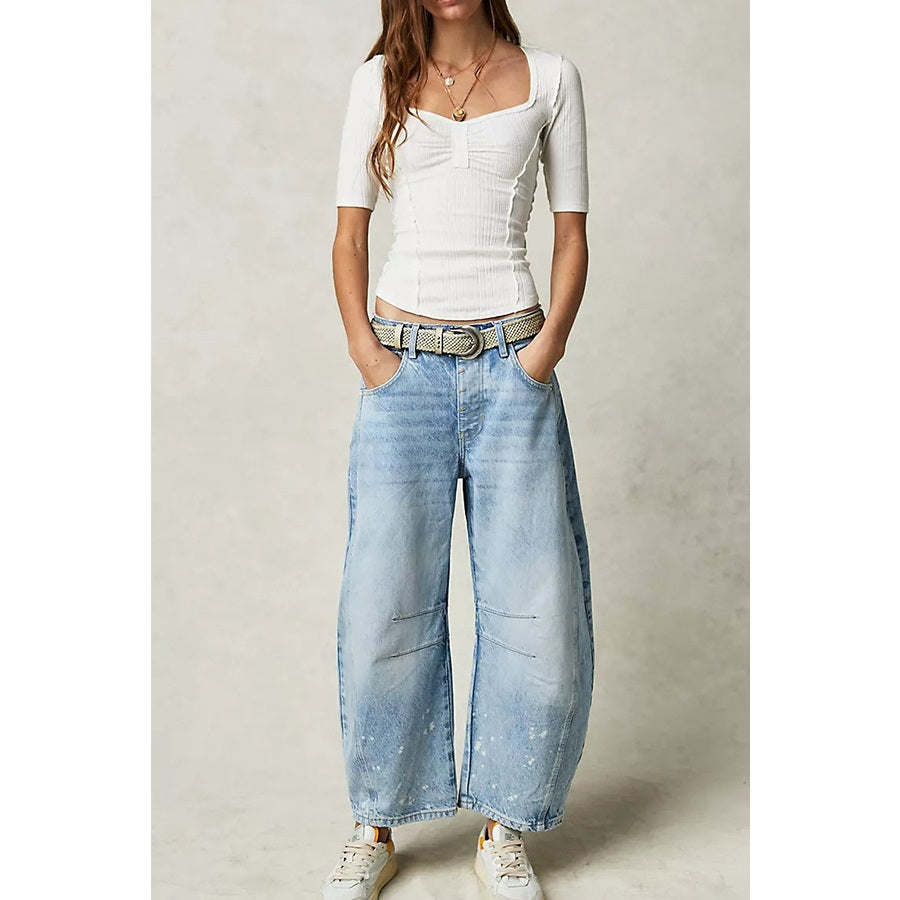 Curvy Girl Casual Wide Leg Washed Denim - Light Blue-Mesadic