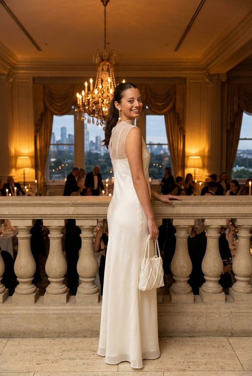 Sheer Organza Overlay Satin Maxi Dress