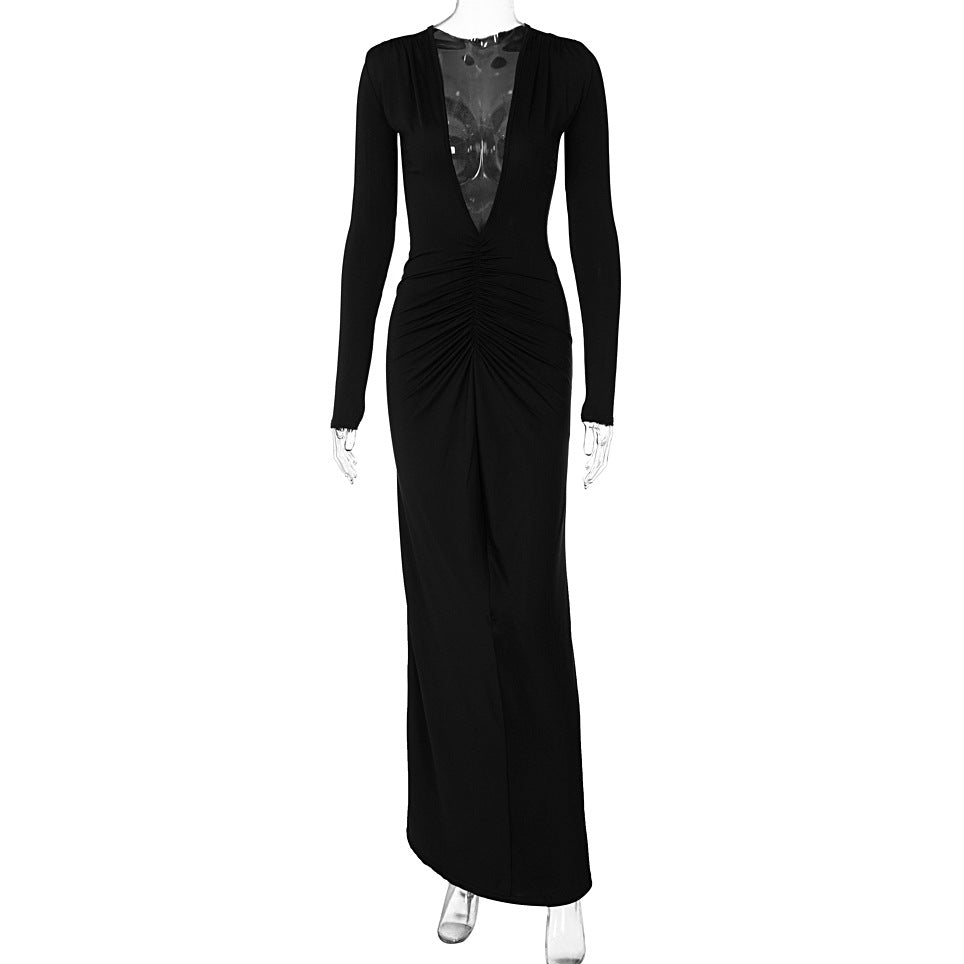 Midnight- Pleated Long Sleeve Backless Bodycon Maxi Dress-CALLISTARI