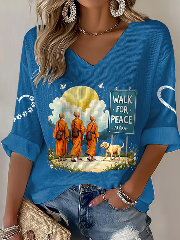 V-neck Retro Walk For Peace Monks With Aloka Dog Print T-shirt