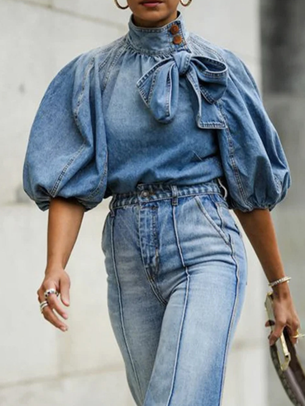Loose Puff Sleeve Denim Short Shirt-CALLISTARI