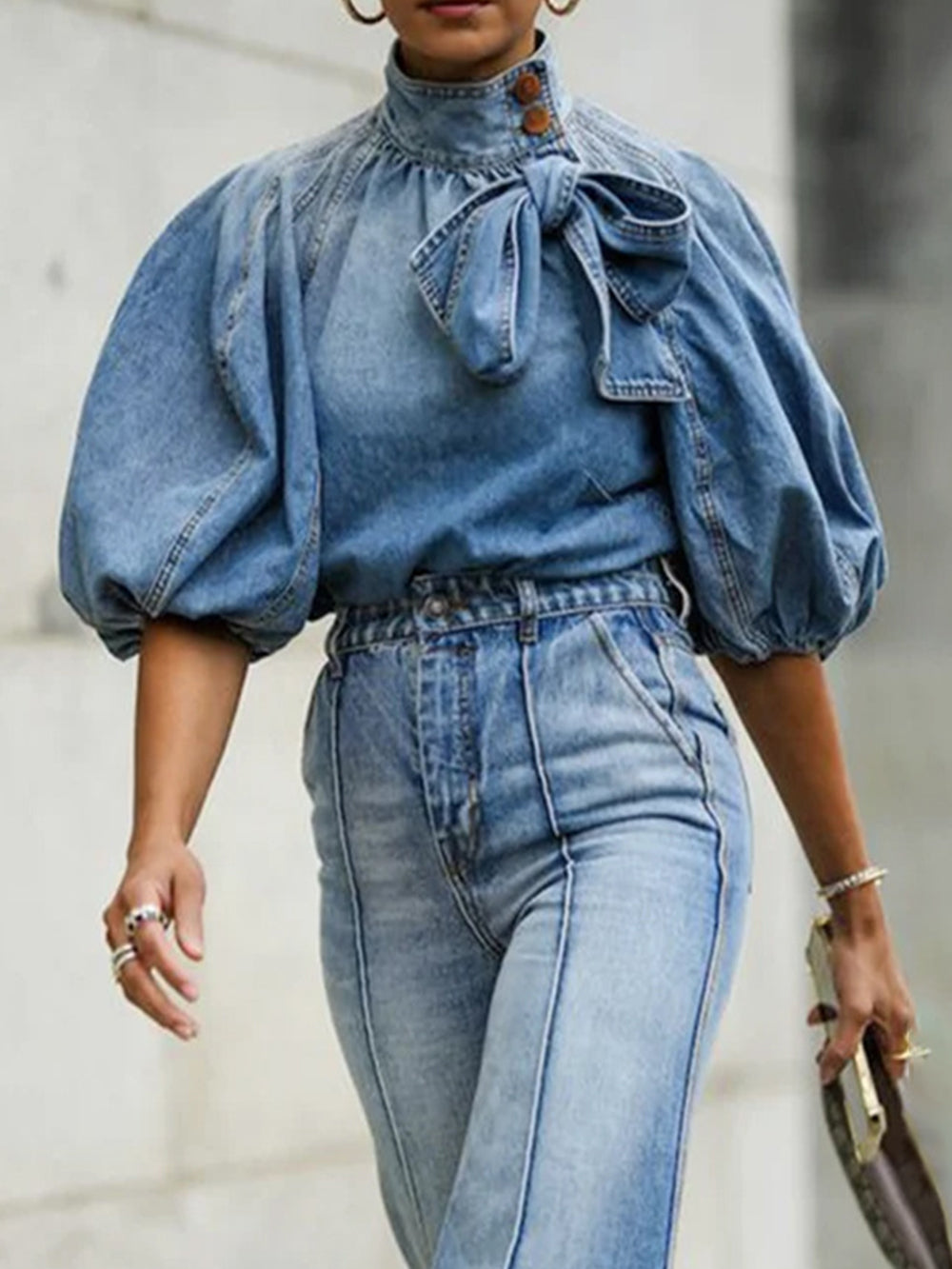 Loose Puff Sleeve Denim Short Shirt-CALLISTARI