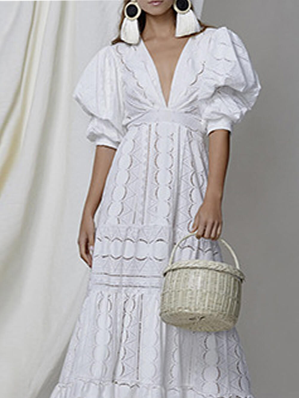 Deep V Puff Sleeve Lace Hollow Long Dress-CALLISTARI