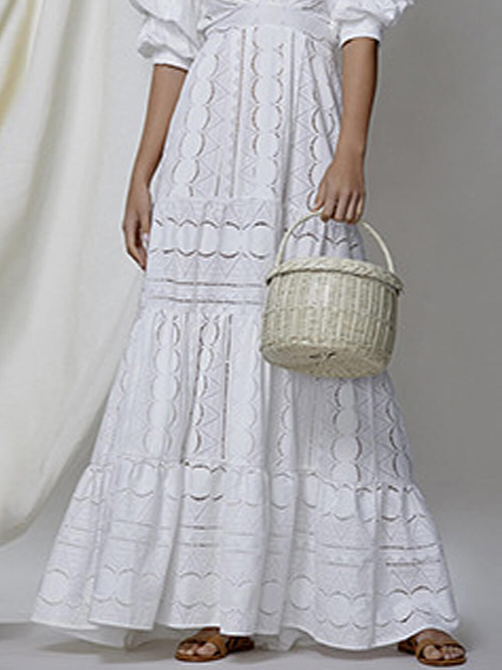 Deep V Puff Sleeve Lace Hollow Long Dress-CALLISTARI
