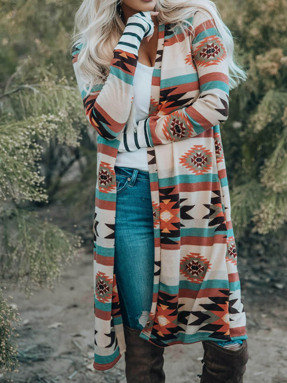 Multicolor Geometric Color Block Long Cardigan-CALLISTARI