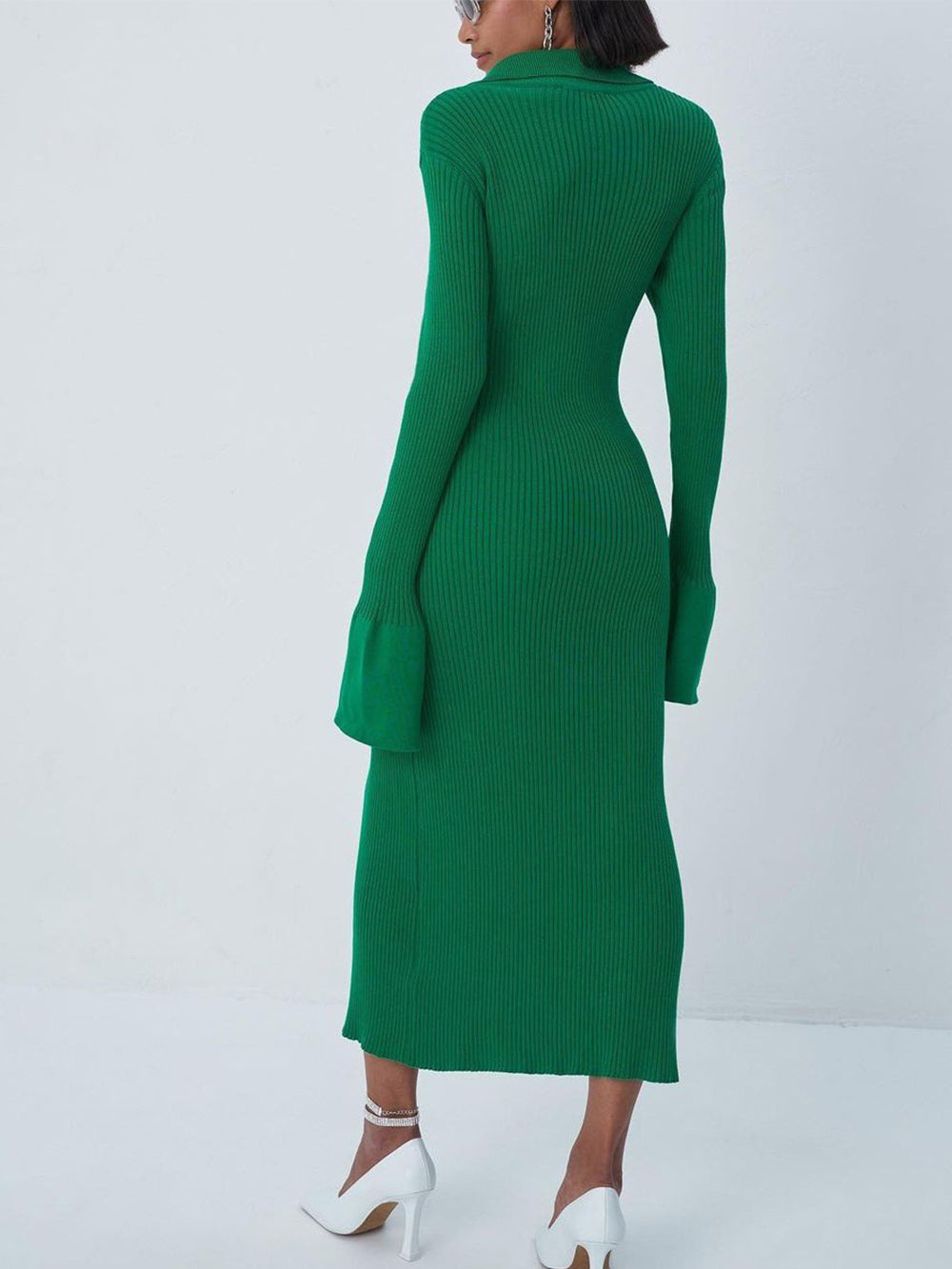 V-Neck Long Bell Sleeve Sweater Maxi Dress-CALLISTARI