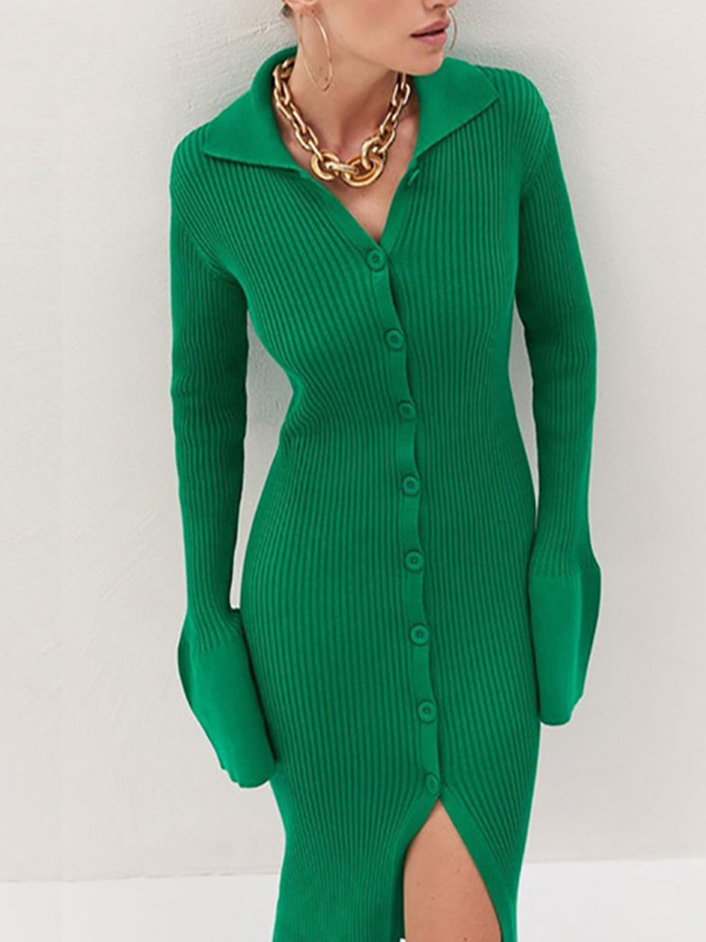 V-Neck Long Bell Sleeve Sweater Maxi Dress-CALLISTARI