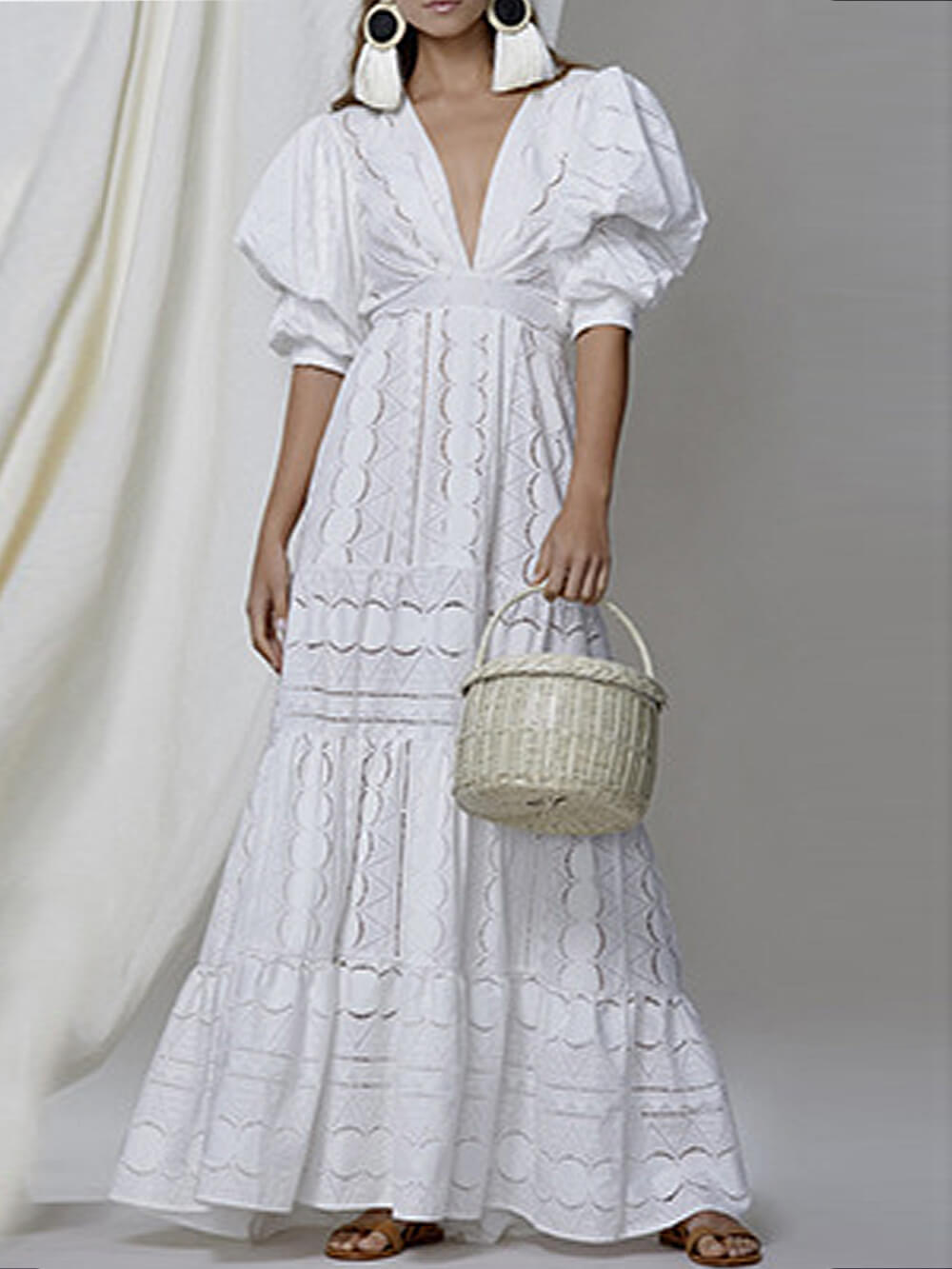 Deep V Puff Sleeve Lace Hollow Long Dress-CALLISTARI