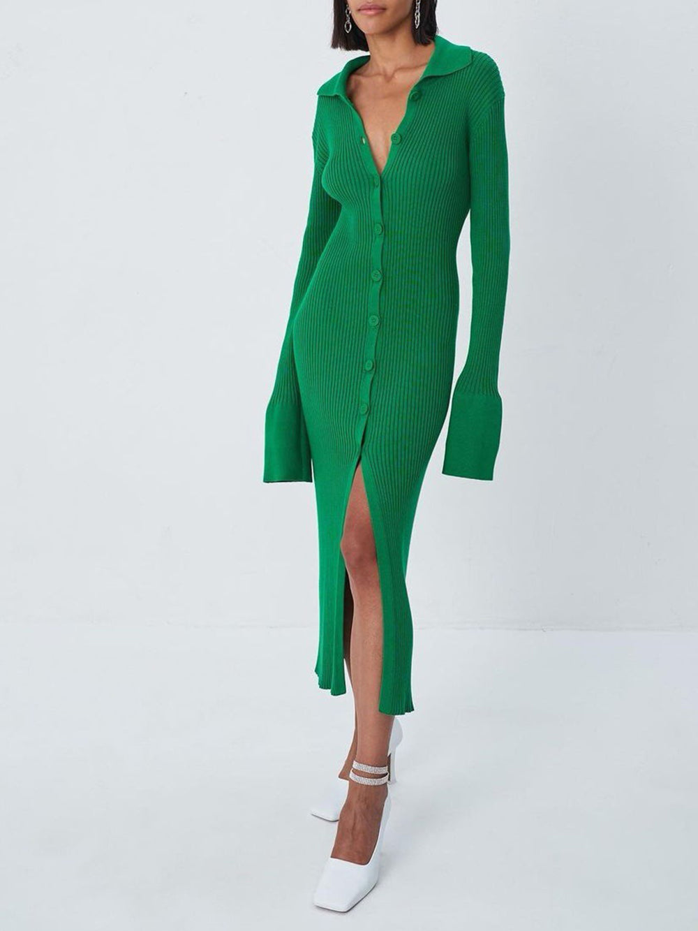 V-Neck Long Bell Sleeve Sweater Maxi Dress-CALLISTARI