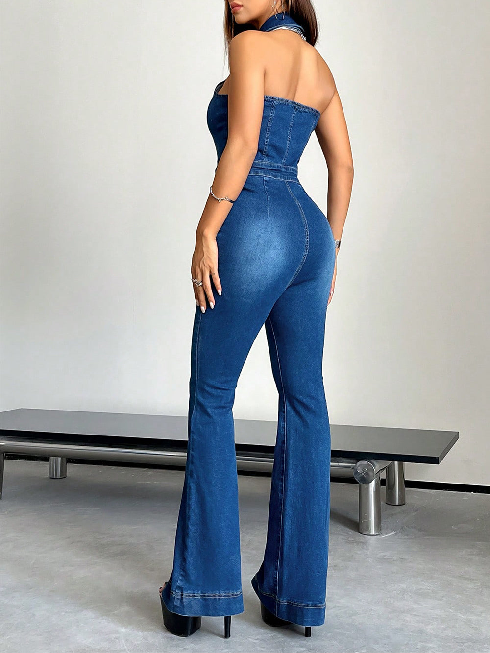 Zip Up Flare Leg Denim Halter Jumpsuit-CALLISTARI