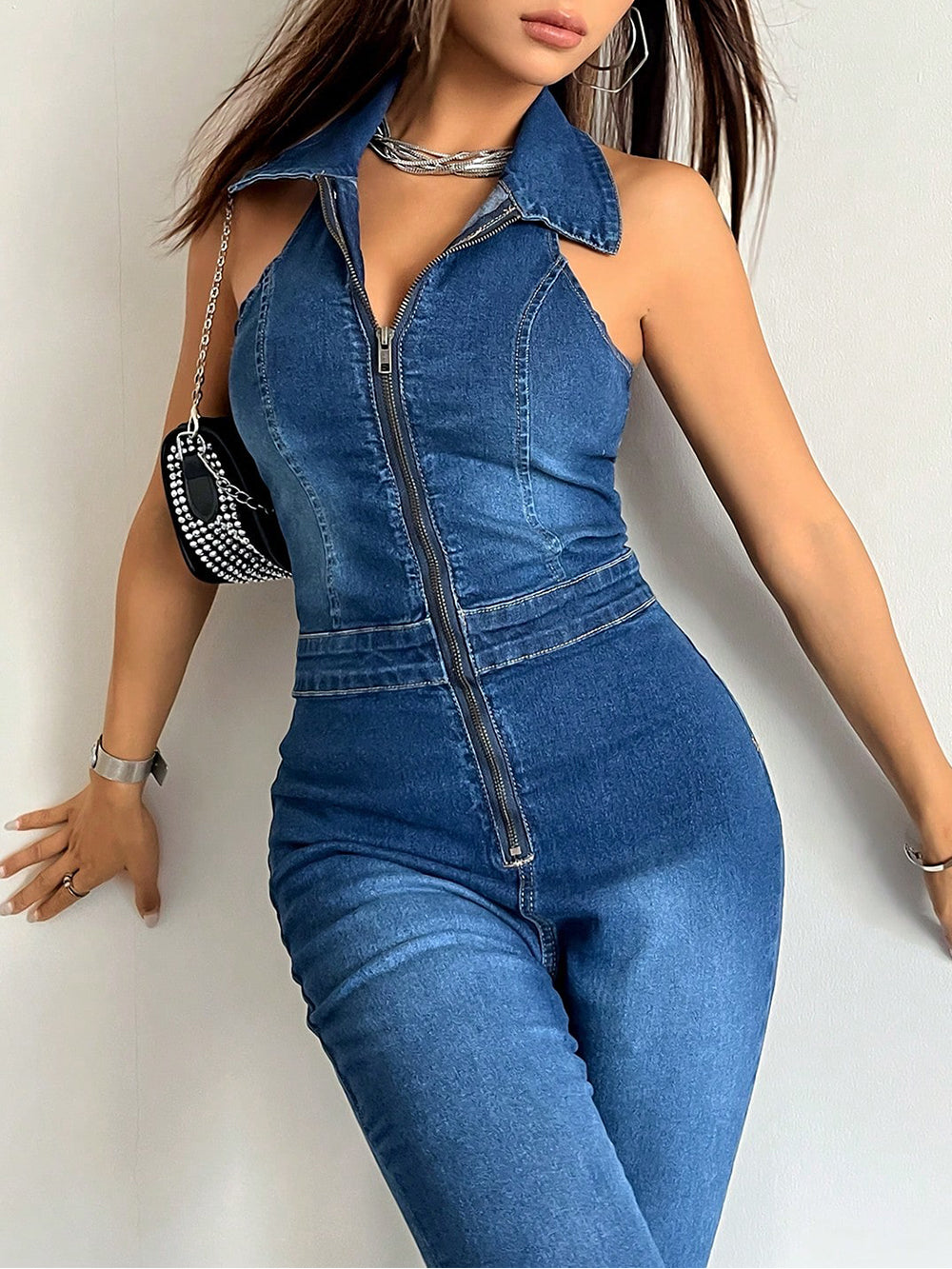 Zip Up Flare Leg Denim Halter Jumpsuit-CALLISTARI