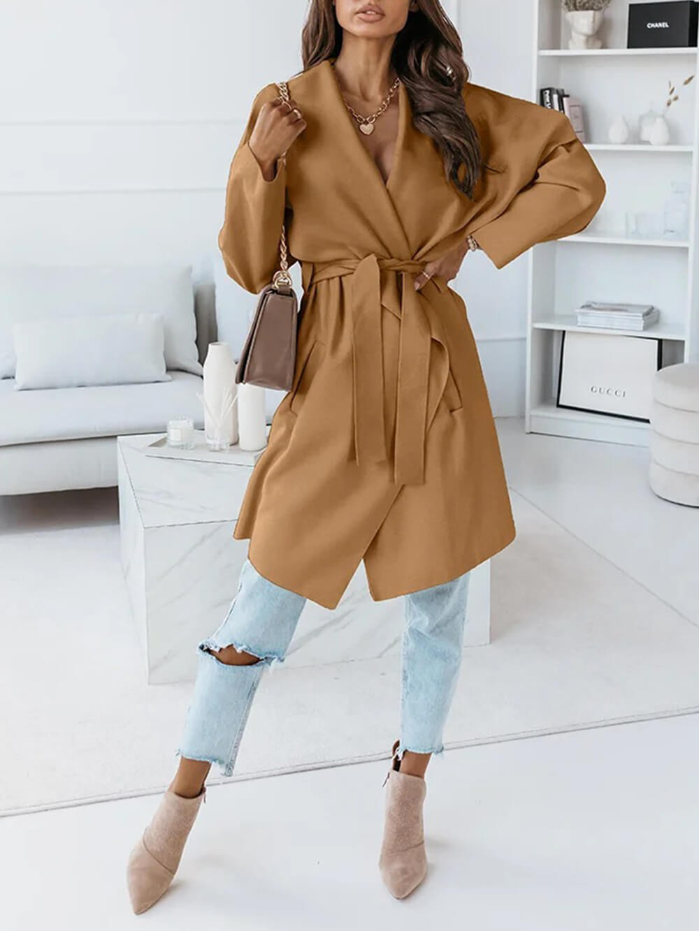 Oversized Lapel Belted Coat Mid Length Hooded-CALLISTARI