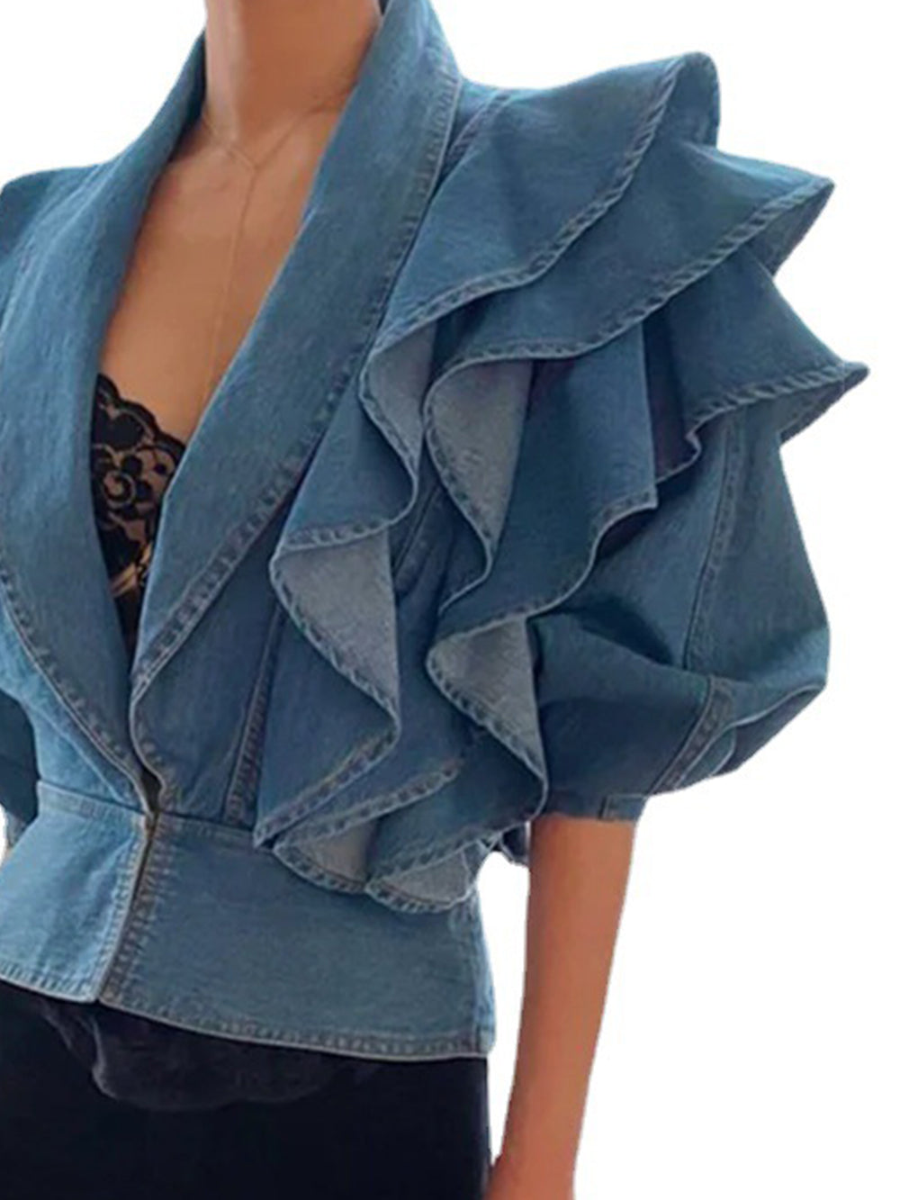 Elegant Pleated Bomber Denim Blouses-CALLISTARI