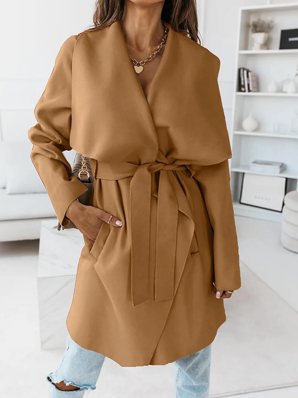 Oversized Lapel Belted Coat Mid Length Hooded-CALLISTARI