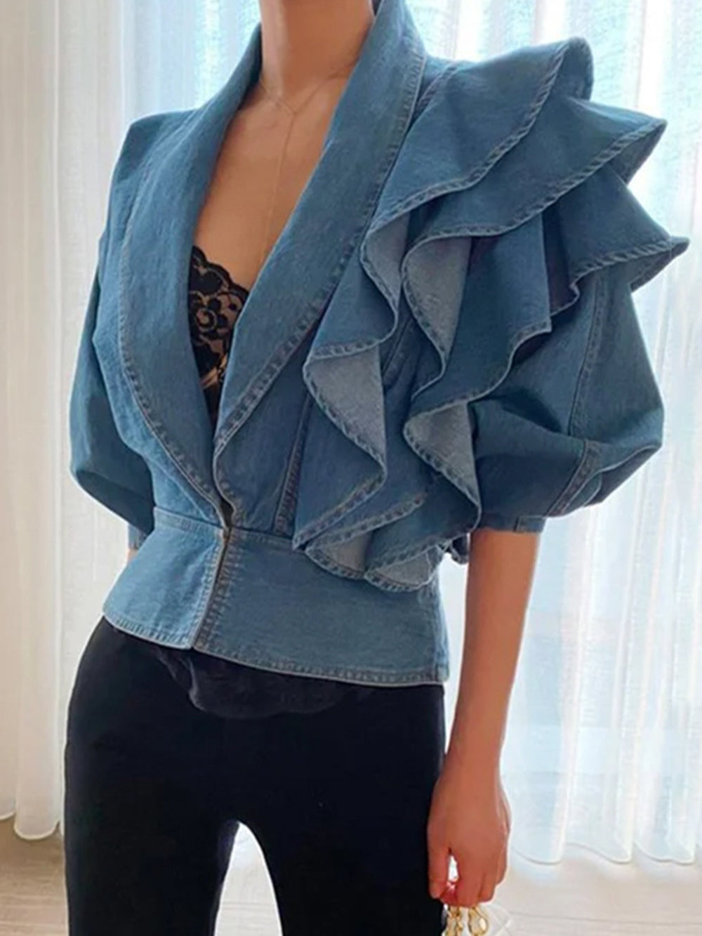 Elegant Pleated Bomber Denim Blouses-CALLISTARI