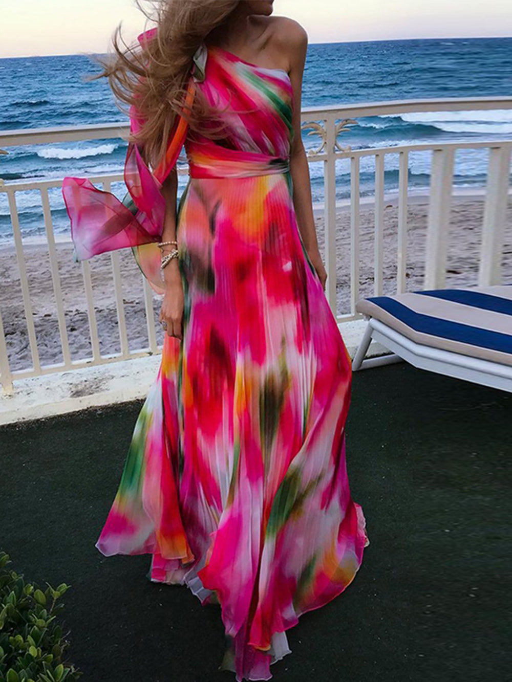 Rainbow Pleated Neck Maxi Dress-CALLISTARI