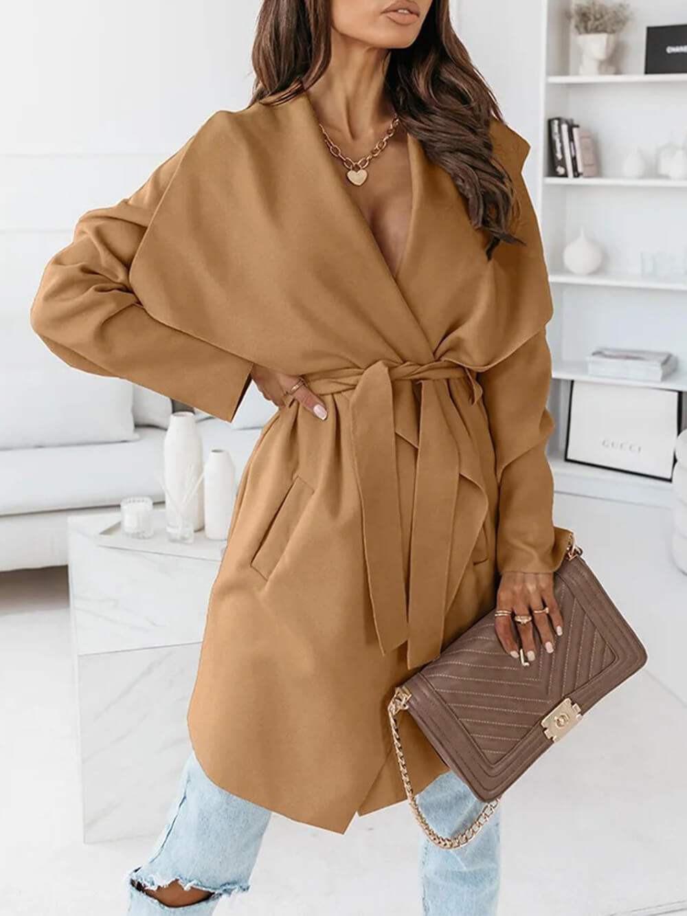 Oversized Lapel Belted Coat Mid Length Hooded-CALLISTARI