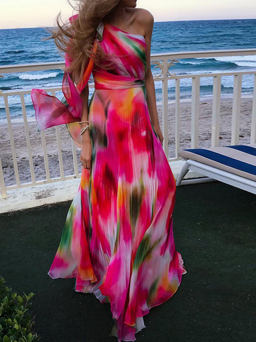 Rainbow Pleated Neck Maxi Dress-CALLISTARI
