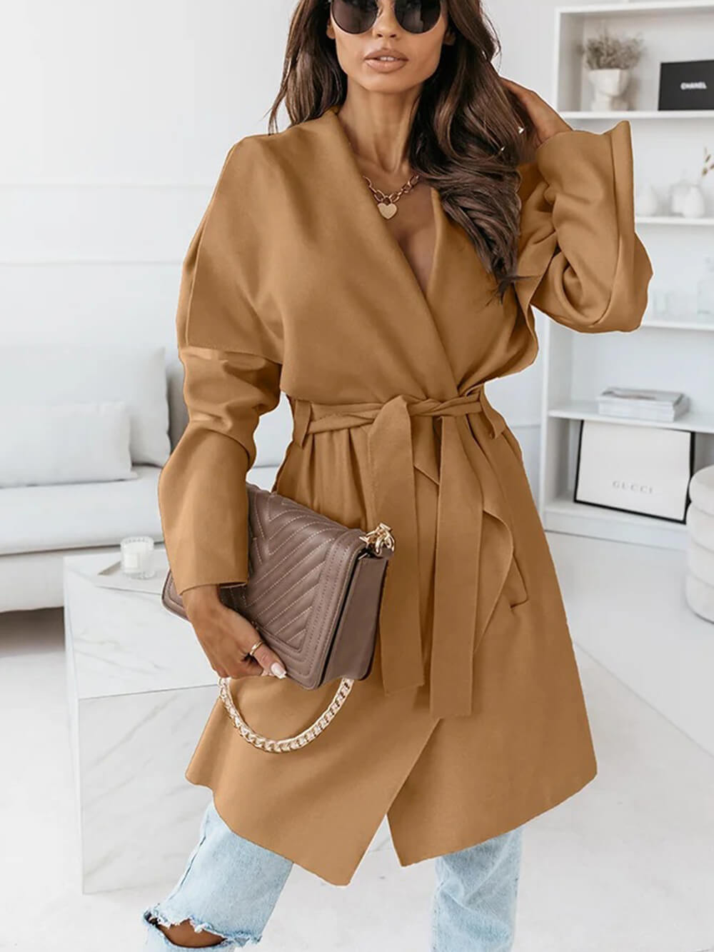 Oversized Lapel Belted Coat Mid Length Hooded-CALLISTARI