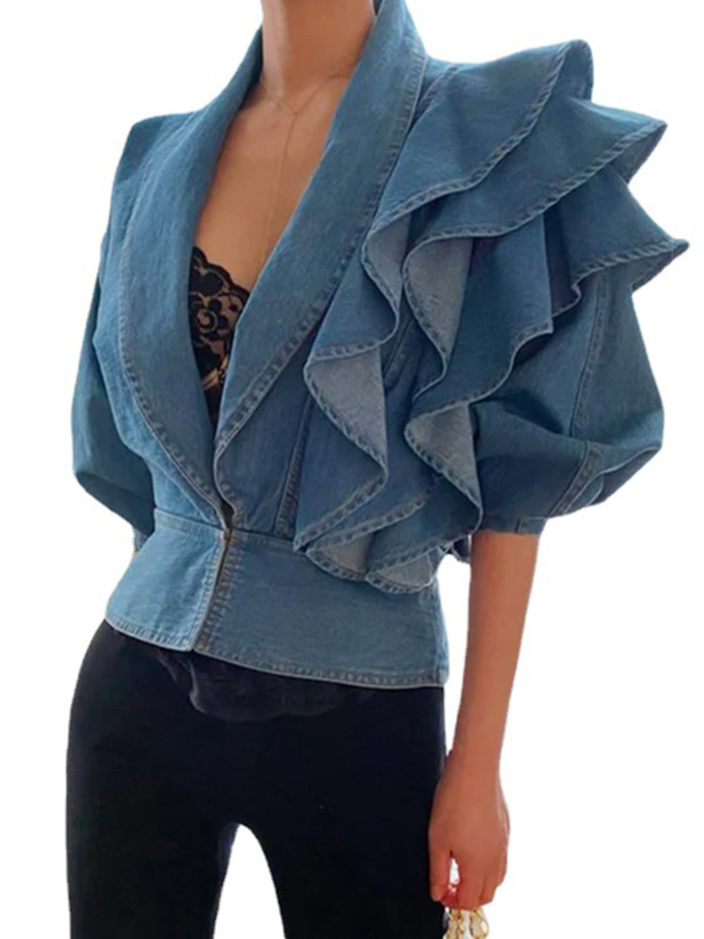 Elegant Pleated Bomber Denim Blouses-CALLISTARI