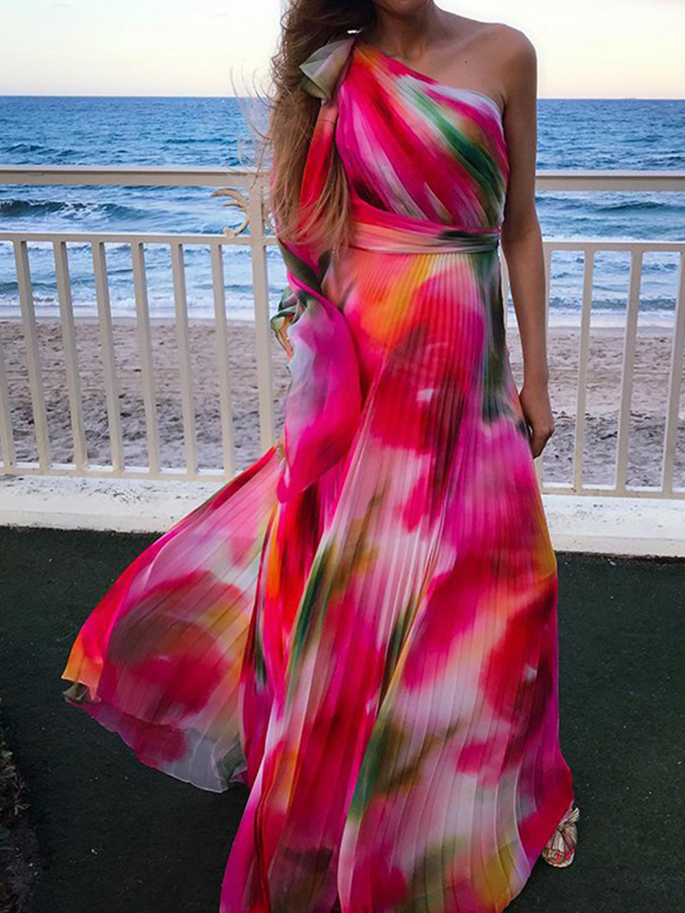 Rainbow Pleated Neck Maxi Dress-CALLISTARI