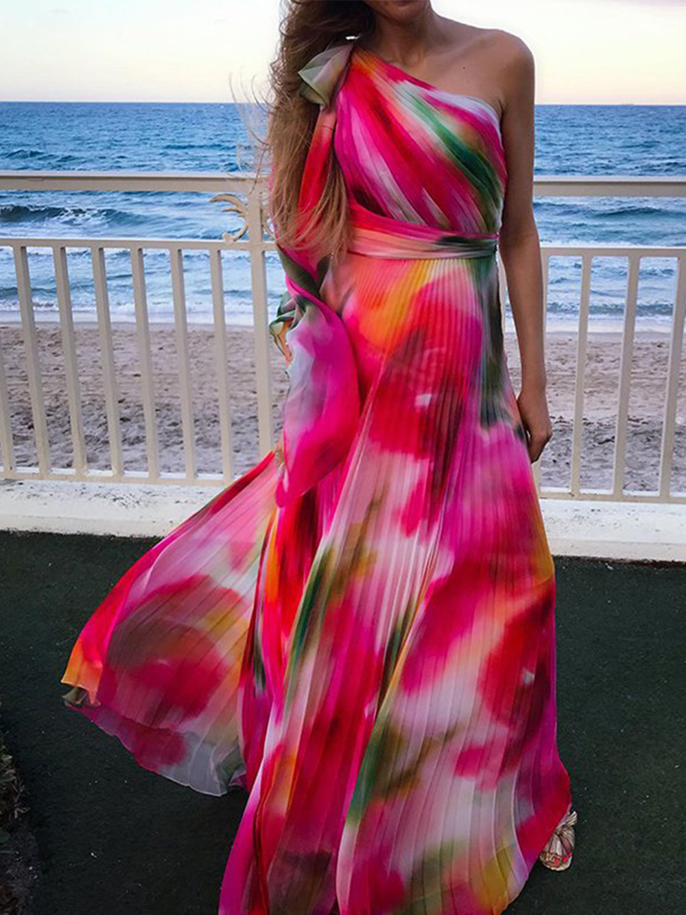 Rainbow Pleated Neck Maxi Dress-CALLISTARI