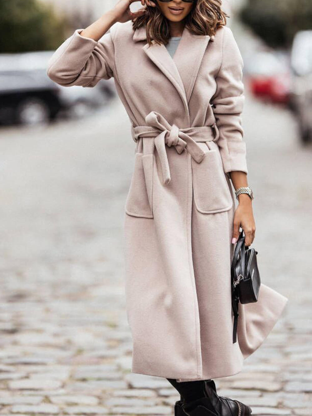 Simple Belted-Waist Long Wool Coat-CALLISTARI