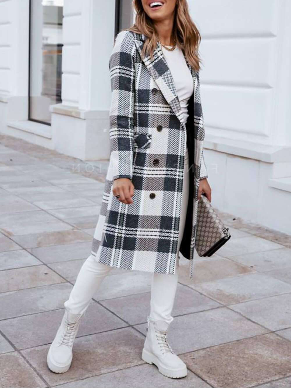 Checked Double-Breasted Pea Coat With Flap-CALLISTARI