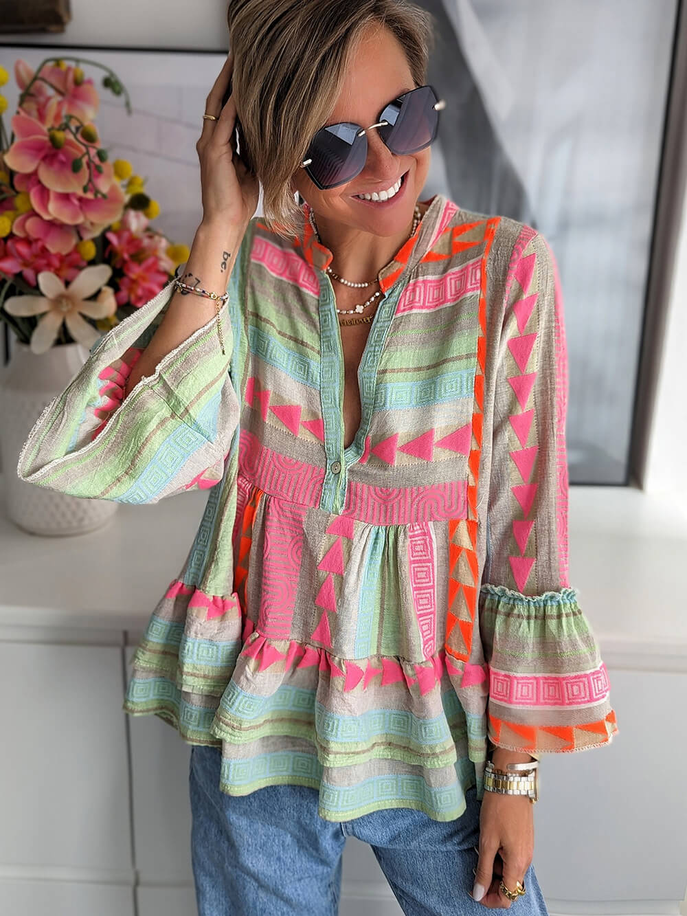Colorful Ethnic Bell Sleeve Babydoll Top-CALLISTARI
