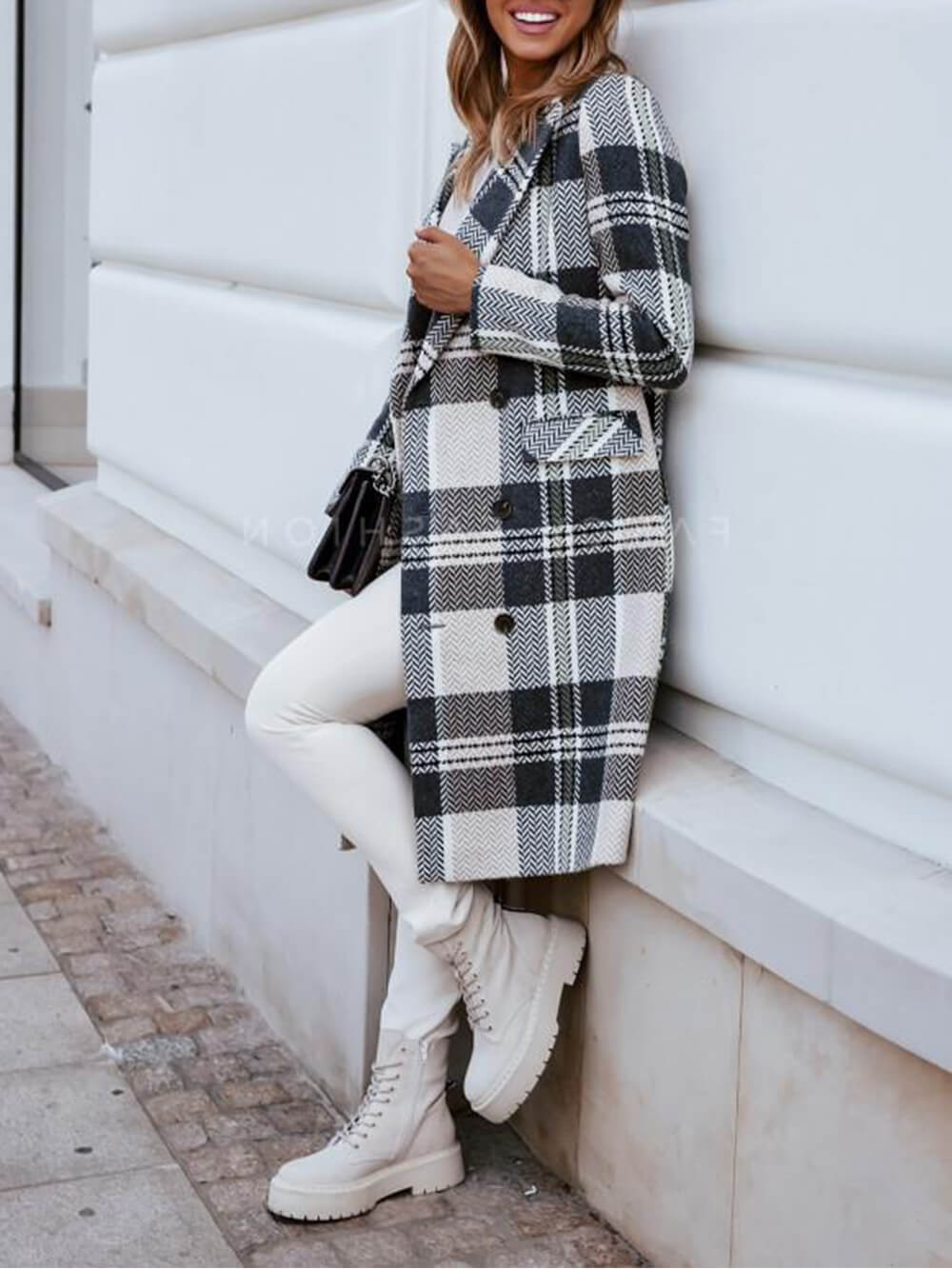 Checked Double-Breasted Pea Coat With Flap-CALLISTARI