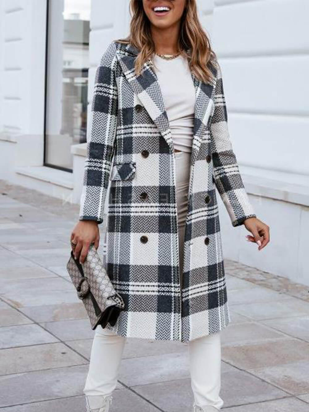 Checked Double-Breasted Pea Coat With Flap-CALLISTARI