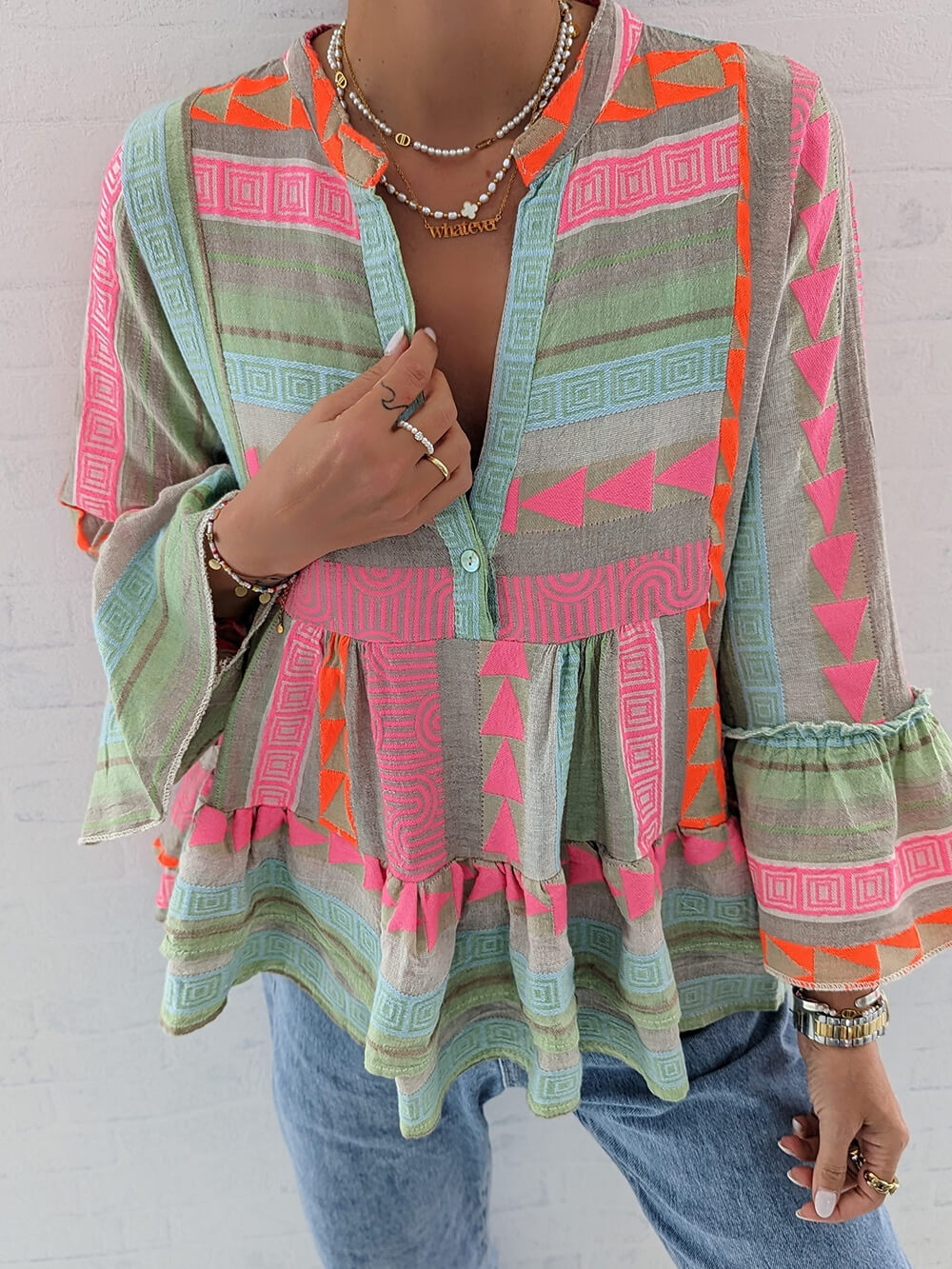 Colorful Ethnic Bell Sleeve Babydoll Top-CALLISTARI