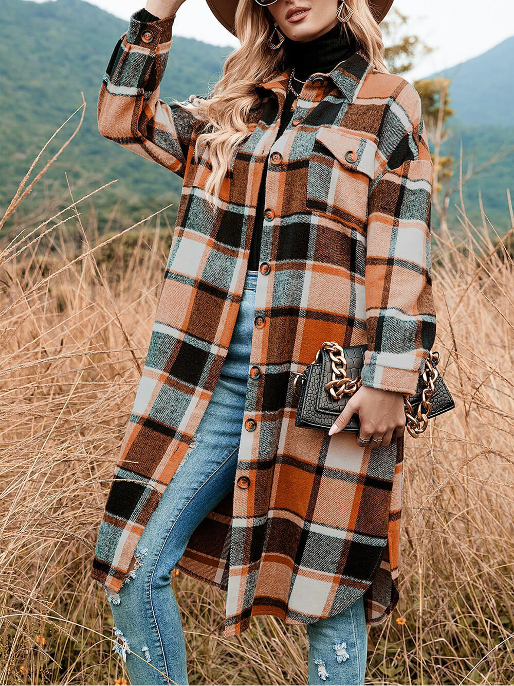 Plaid Flannel Button Long Shirt Coat-CALLISTARI
