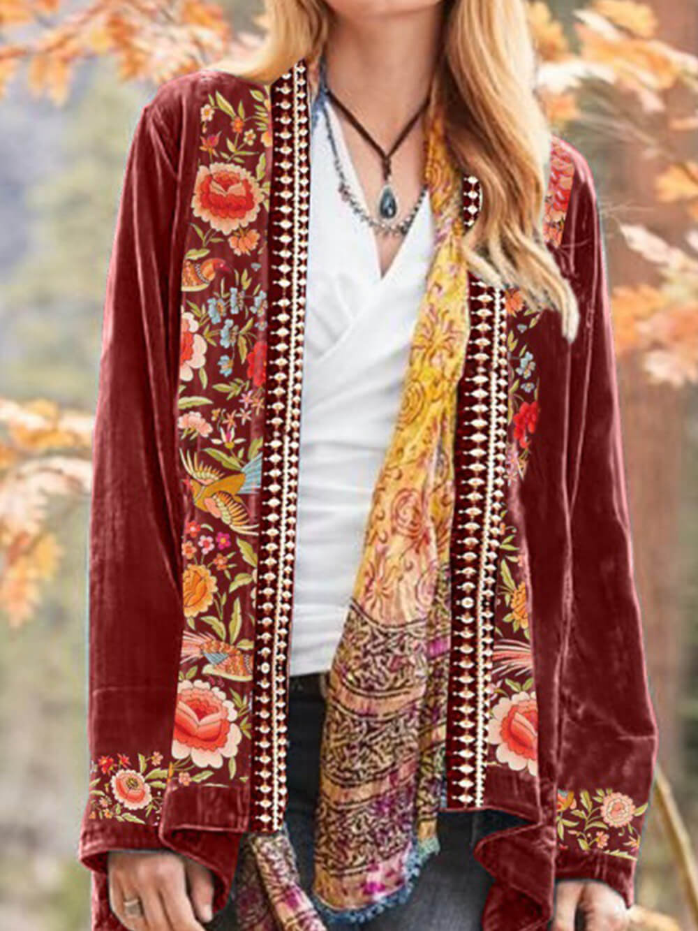 Boho Floral Velvet Kimono Cardigan-CALLISTARI
