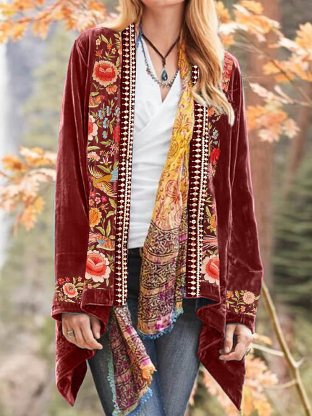 Boho Floral Velvet Kimono Cardigan-CALLISTARI