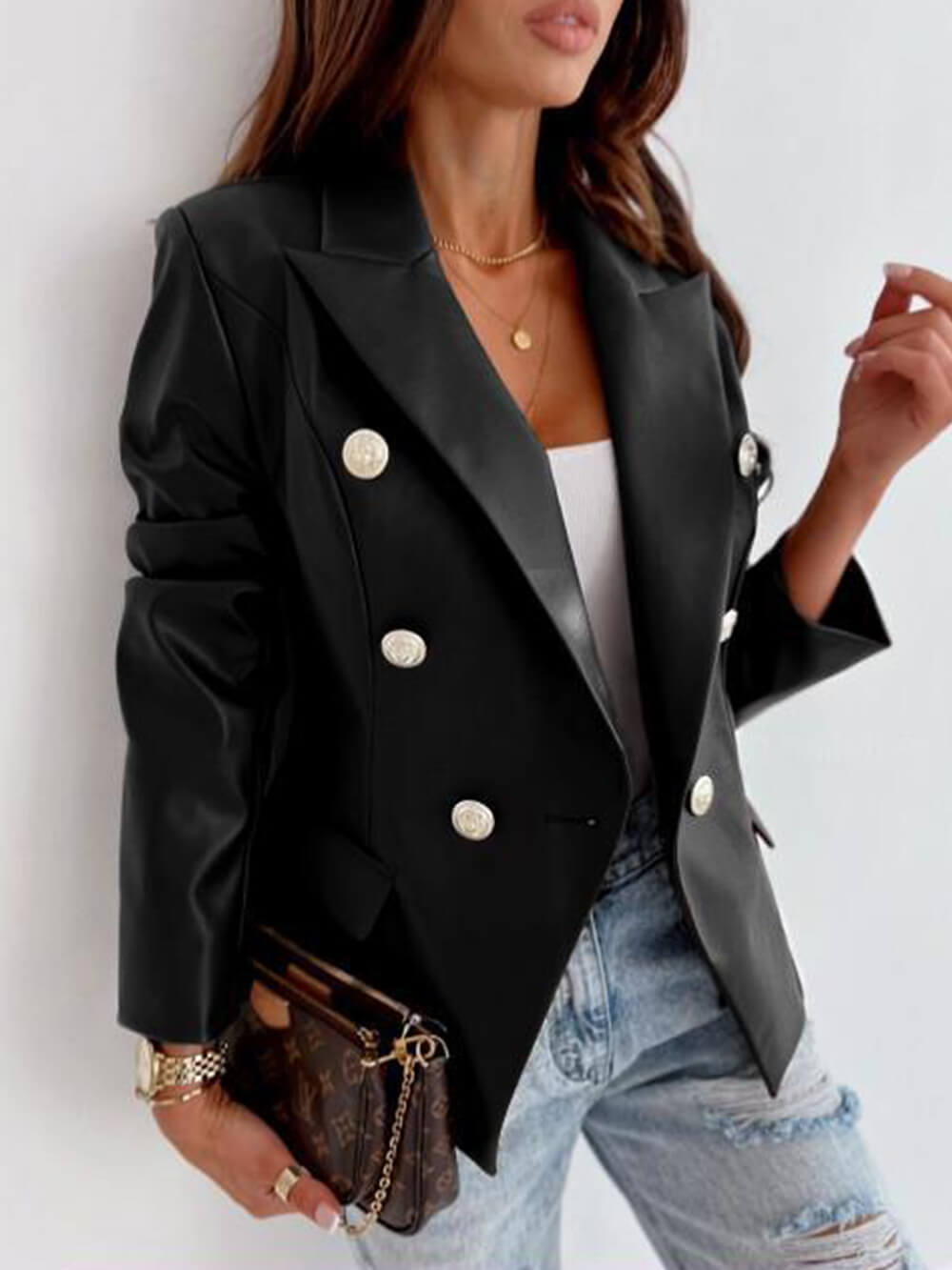Double Breasted Leather Blazer Moto Jacket-CALLISTARI